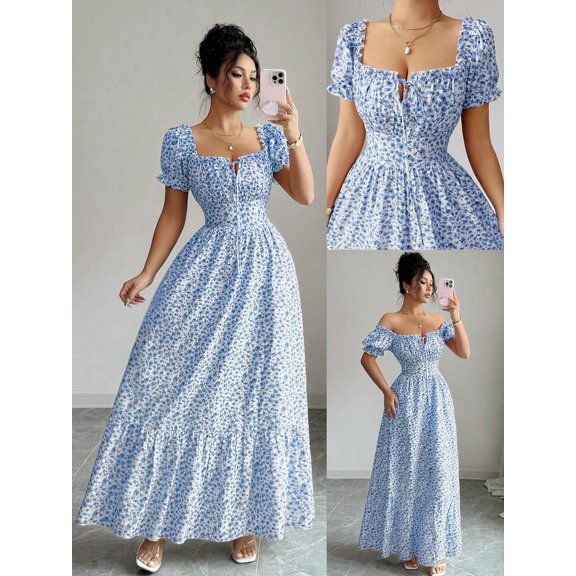 Blue Floral Print Ruched Front Tie Maxi Dress With Puff Sleeves And Square