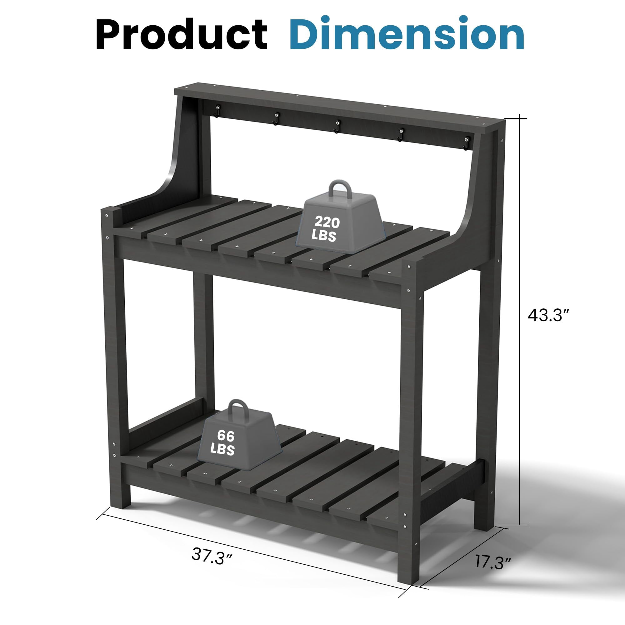 HDPE Potting Bench, All-Weather Outdoor Potting Table with 3-Tier Storage, 43.3” Ergonomic Height Garden Workstation for Patio Backyard Garden, Gray