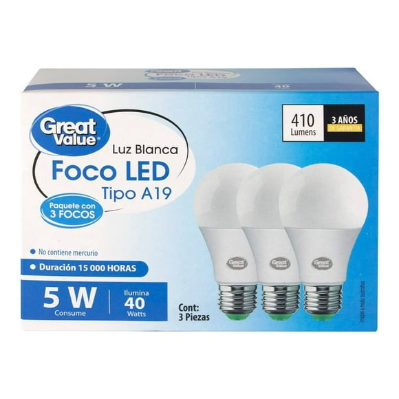 Paquete de Focos Great Value Tipo A19 Led 5W Luz Blanca 3 Piezas