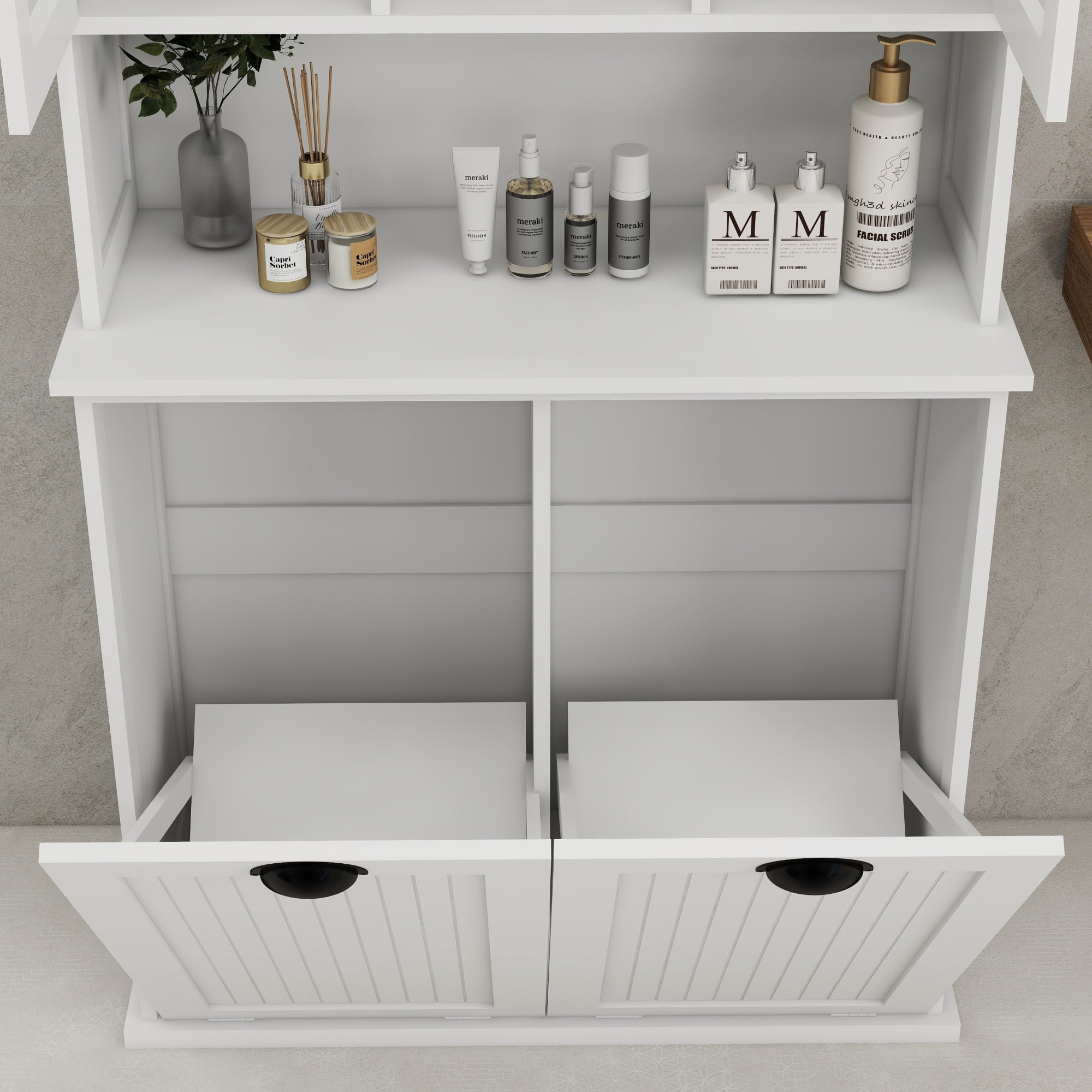 HOQBN Tilt-Out Laundry Hamper Cabine with 6 Compartment & 2 Adjustable Shelves,60"H Wooden Tall Bathroom Cabinet for Kitchen,Living Room,White