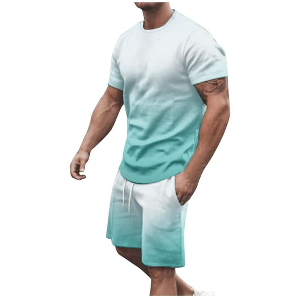 Mens Pantalones Casuales Cuello Redondo Impresión de Manga Corta Blusa Y Pantalones Cortos Traje, Pantalones de Traje para Hombres