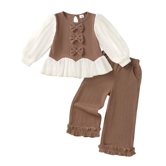 Yaoqi 2T Toddler Girl Outfit Set 3T Child Girls Clothing Ruffle Puff Long Sleeves Bowknots Color Block Top Pants 2pcs Clothes Khaki