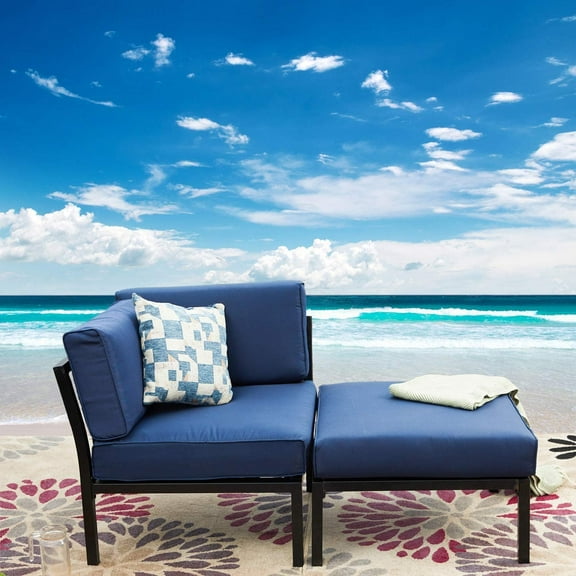 LOKATSE HOME 2 Piece Patio Furniture Set Sectional Balcony Corner Outdoor Loveseat Couch Armchiar Sofa with Ottoman Metal Steel Frame, Blue