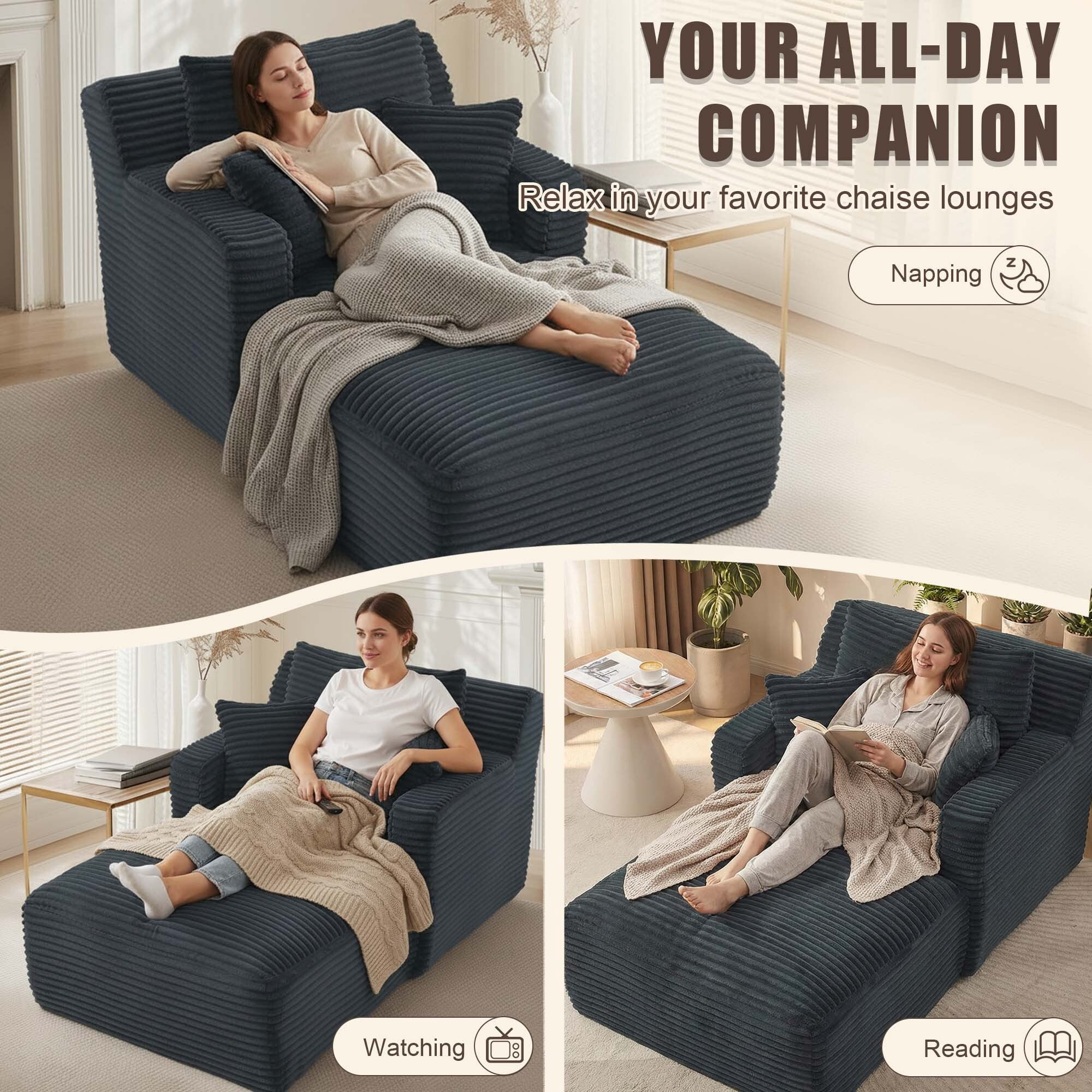 Kosynda 65"D Oversized Chaise Lounge Chair Indoor, Corduroy Upholstered Boneless Sofa Bed with 3 Pillows for Living Room, Gray