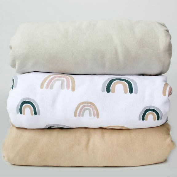NODNAL CO. 3 Rainbow & Solid Cotton Crib Fitted Sheet Set, 3 Pieces, for Baby Girl or Boy Infant/Toddler Nursery Bedding, Boho Gender Neutral Watercolor Beige/Tan Toddler Mattress 28”x52”x9” Sheet