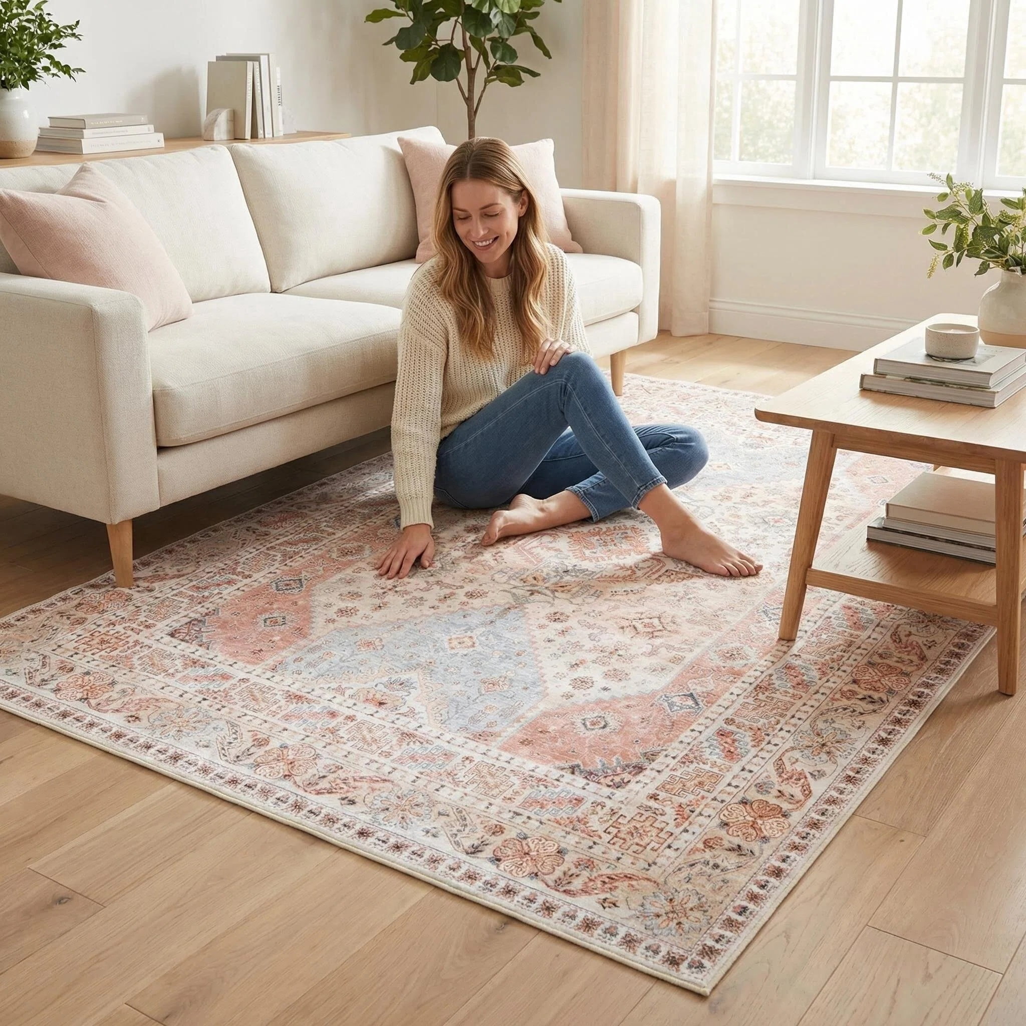 Wondiair 8x10 Cream Vintage Persian Area Rug, Machine Washable Non-Slip for Living Room, Bedroom & Dining Room