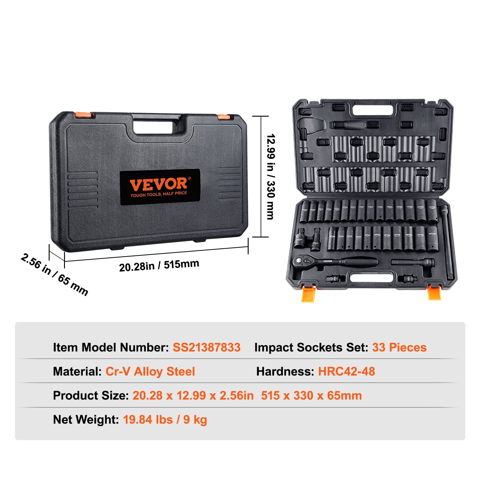 VEVOR 1/2" Drive Impact Socket Set, 33 Piece Socket Set SAE 3/8"-1" and Metric 10-24mm, 6 Point Cr-V Alloy Steel for Auto Repair,Easy-to-Read Size Markings,Rugged Construction,Includes Storage Case