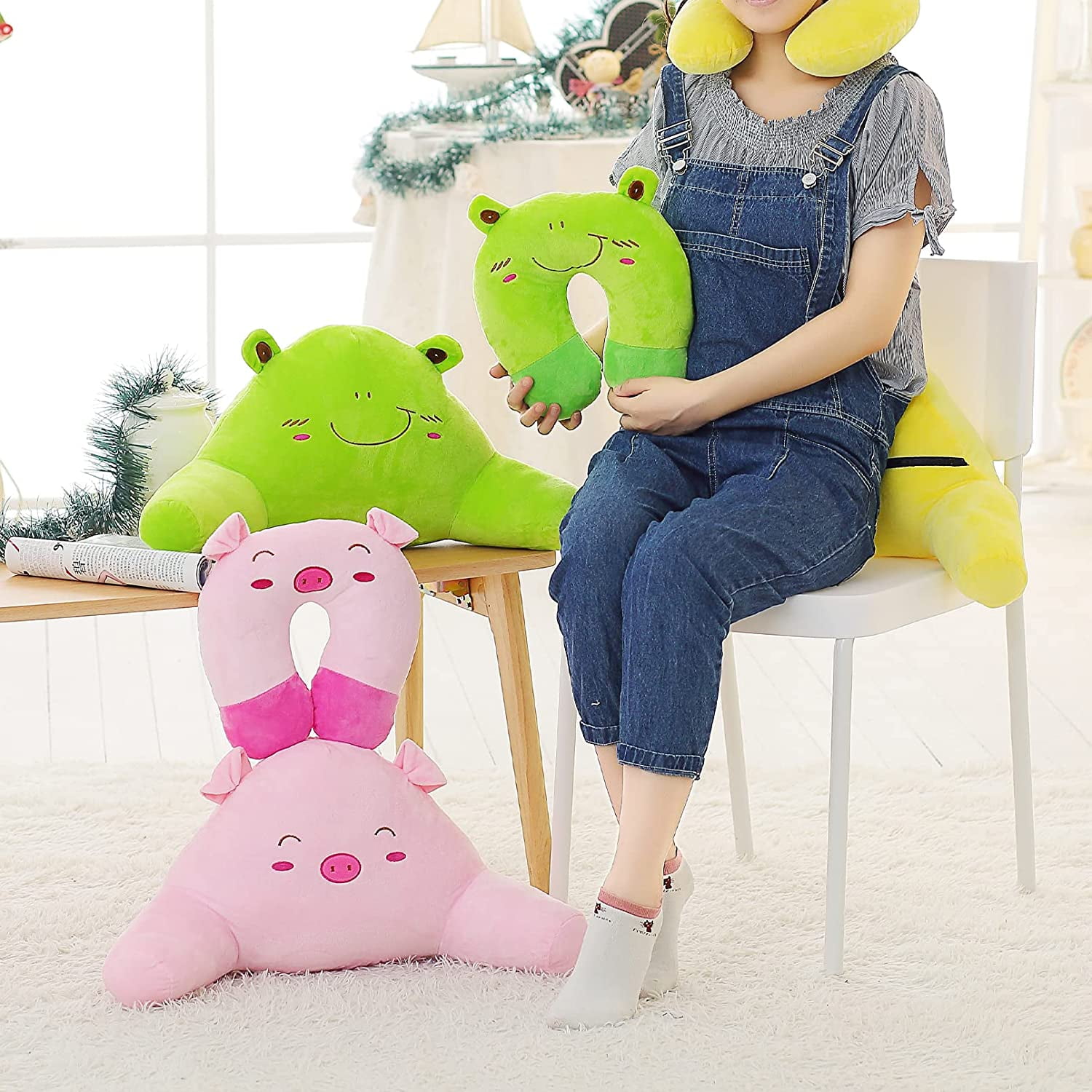 Htooq Cute Bed Rest Reading Pillow With U Shaped Kids Toddler Neck Pillow Set Plush Lumbar Pillows Waist Rest Cushion With Cartoon Animal Design