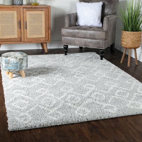 Diamond Loop Plush Polypropylene Indoor Shag Area Rug - 5' x 7’, Cream-Grey