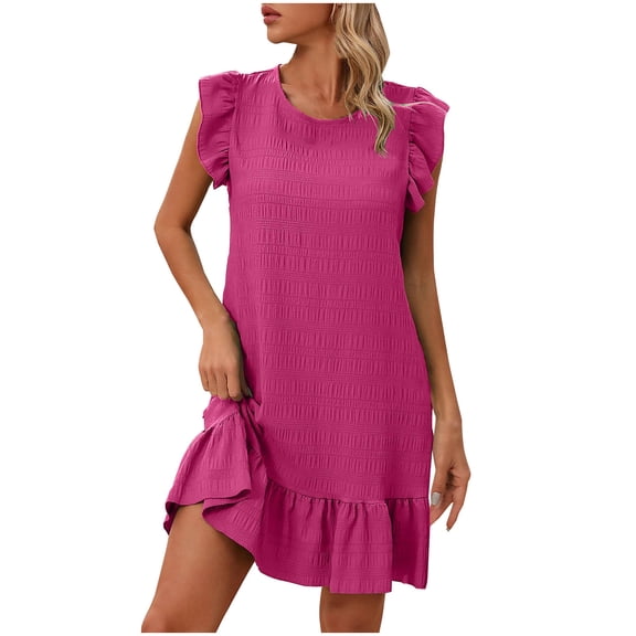 Summer Dresses for Womens 2026 Plus Size Fashion Solid Color Ruffled Flying Sleeves Round Neck Sleeveless Dress