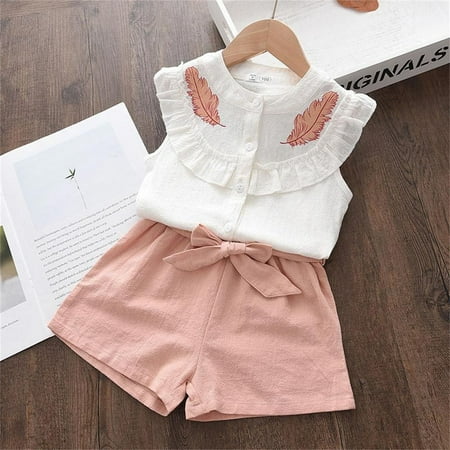

Hunpta Toddler Kids Baby Girls Casual Ruffle Embroidery Princess Sleeveless Shirt Tops Shorts 2PCS Outfits Clothes Set