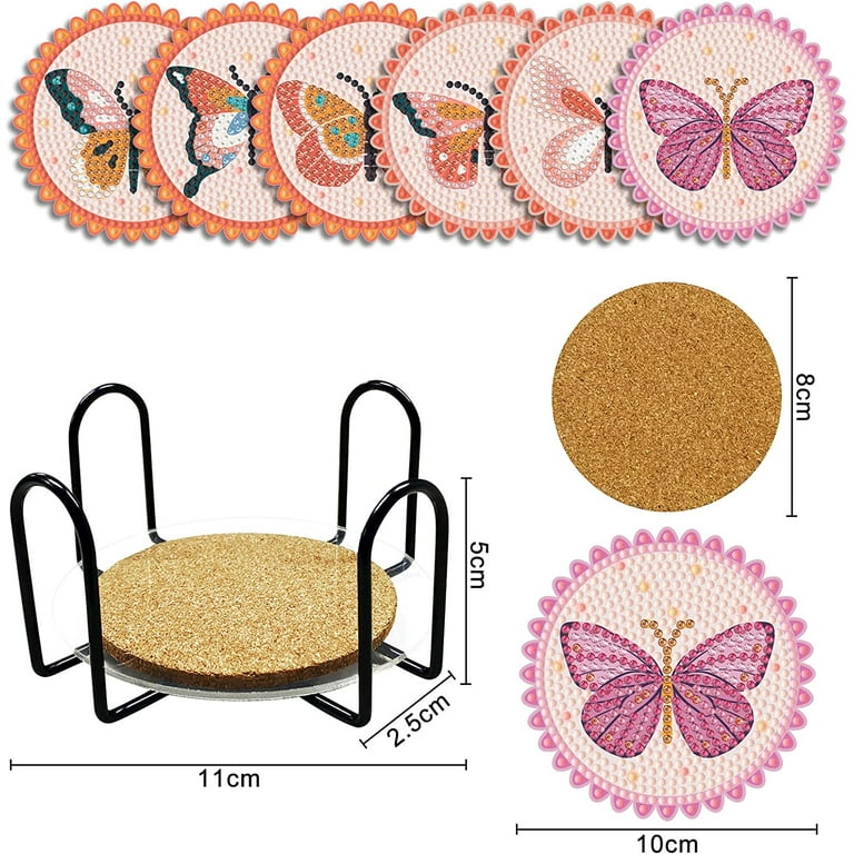 6 Pcs Diamond Painting Coasters with Stand, DIY Diamond Art Butterfly Diamond Painting Set Coasters, Trivets for Hot Pots,Art Craft Supplies for