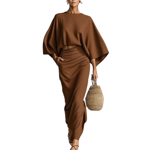 Stichou Women's 2 Piece Outfits - 2026 Spring Summer Batwing Crop Top High Waisted Skirt Elegant Party Cocktail Dress with Pockets Coffee S