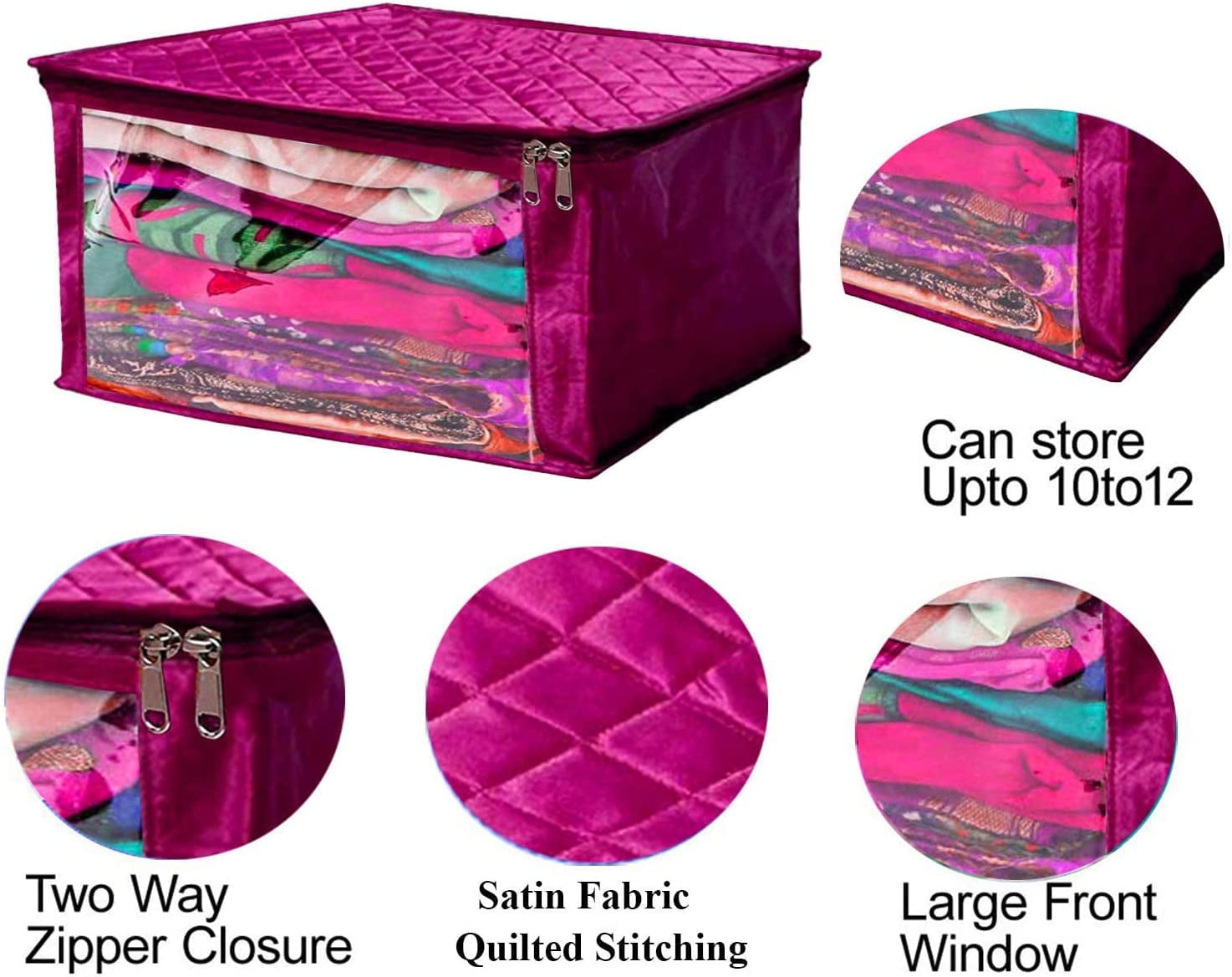 atorakushon Satin Fabric Foldable Garments Saree Blouse Cover Bag Pouch Closet Wardrobe Organizer With Clear Window Zipper Lock Pack of 5 (Purple)