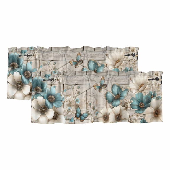 2 Pack Valances for Window, Teal Tulip Butterfly Short Curtains for Kitchen Bedroom Living Room, Beige Turquoise Floral Farmhouse Wooden Rod Pocket Small Window Treatment Valance Drapes 54 x 18 Inch