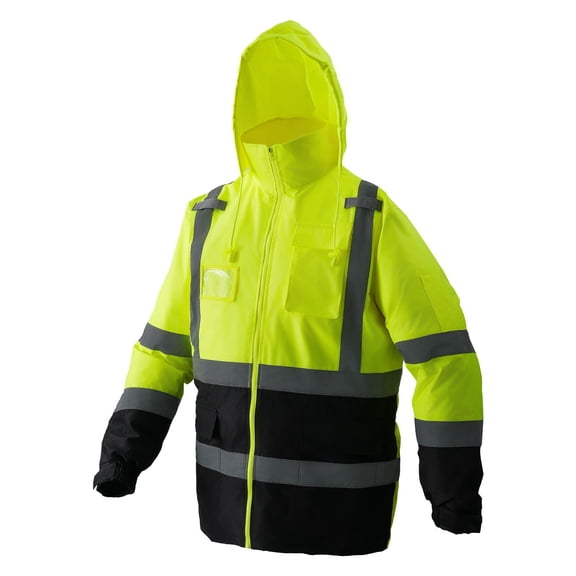 Waterproof Reflective Safety Jacket, Unisex Hooded Workwear Meet ANSI & Class 3 Yellow Black High Visible Long Coat with Pocket Size L