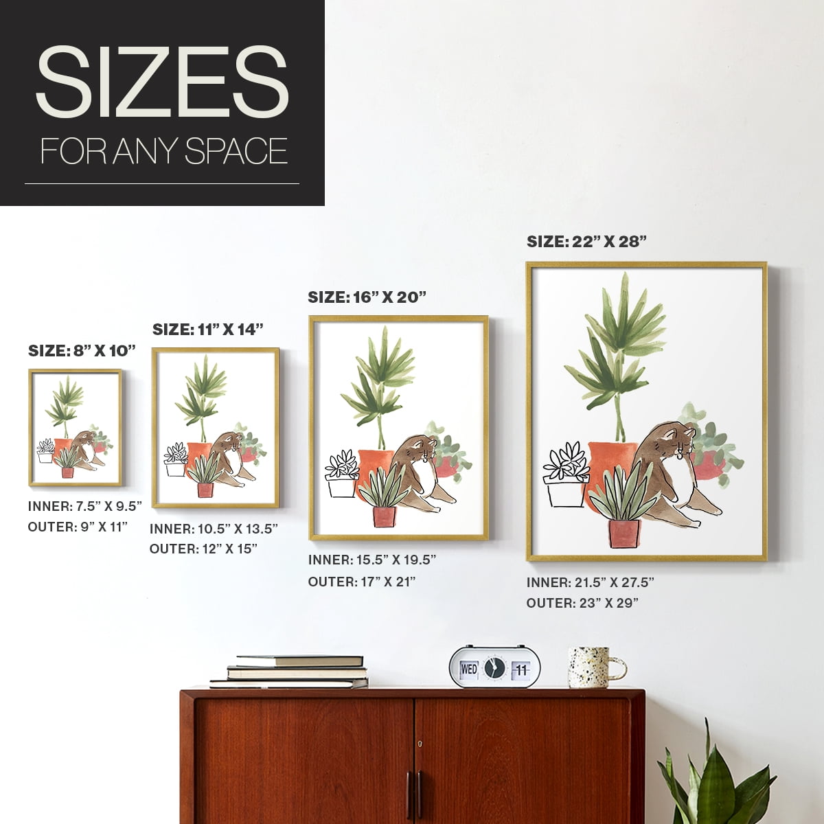 Purrfect Plants II Framed Print in Gold Solid Wood Framed Print No Nail Hanging