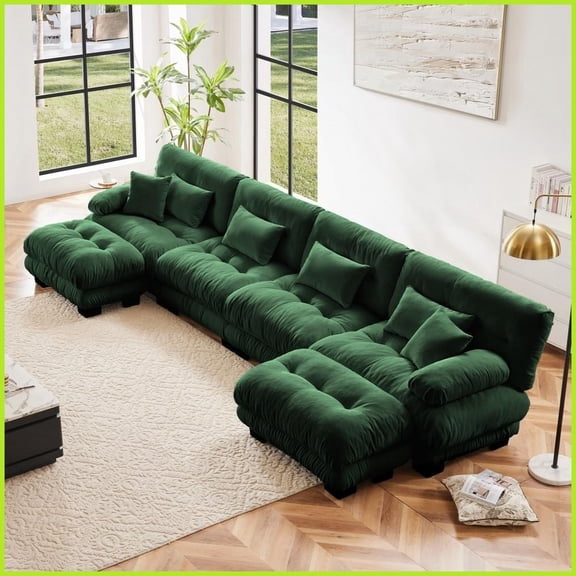 Vintage Chenille Modular U-Shaped Sectional Sofa, 4-Seater Living Room Couch with 2 Ottomans, Cloud-Like Comfort Green
