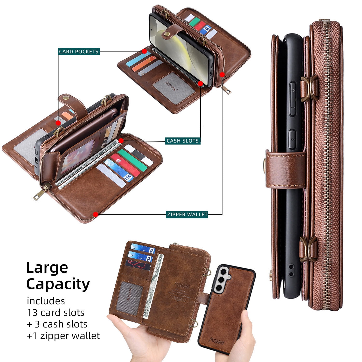 ShieldFlex Wallet Case Compatible with Samsung Galaxy S25 5G, 13-Card Holder Soft PU Leather Crossbody Wallet Zipper Pocket Magnetic Detachable Phone Cover Fit for Galaxy S25,Brown (3 IN 1)