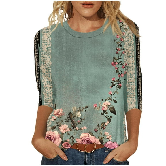 Inleife New Arrivals Fashion Women's Printed Blouses Three-Quarter Sleeve T-Shirt Round-Neck Top