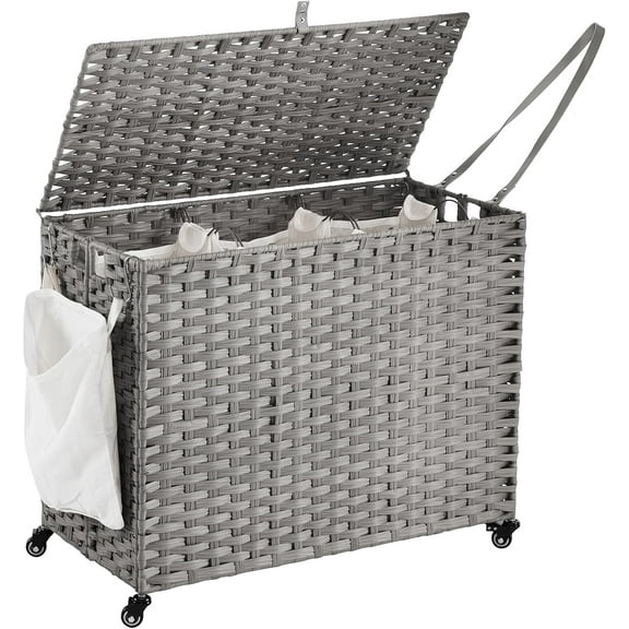Laundry Hamper with Wheels, 52.8 Gallon(200L) Rolling Laundry Basket with Lid, 3-Section Rattan Clothes Hamper with 3 Removable Liner & 3 Mesh Bags, Laundry Sorter with Side Pocket, Grey