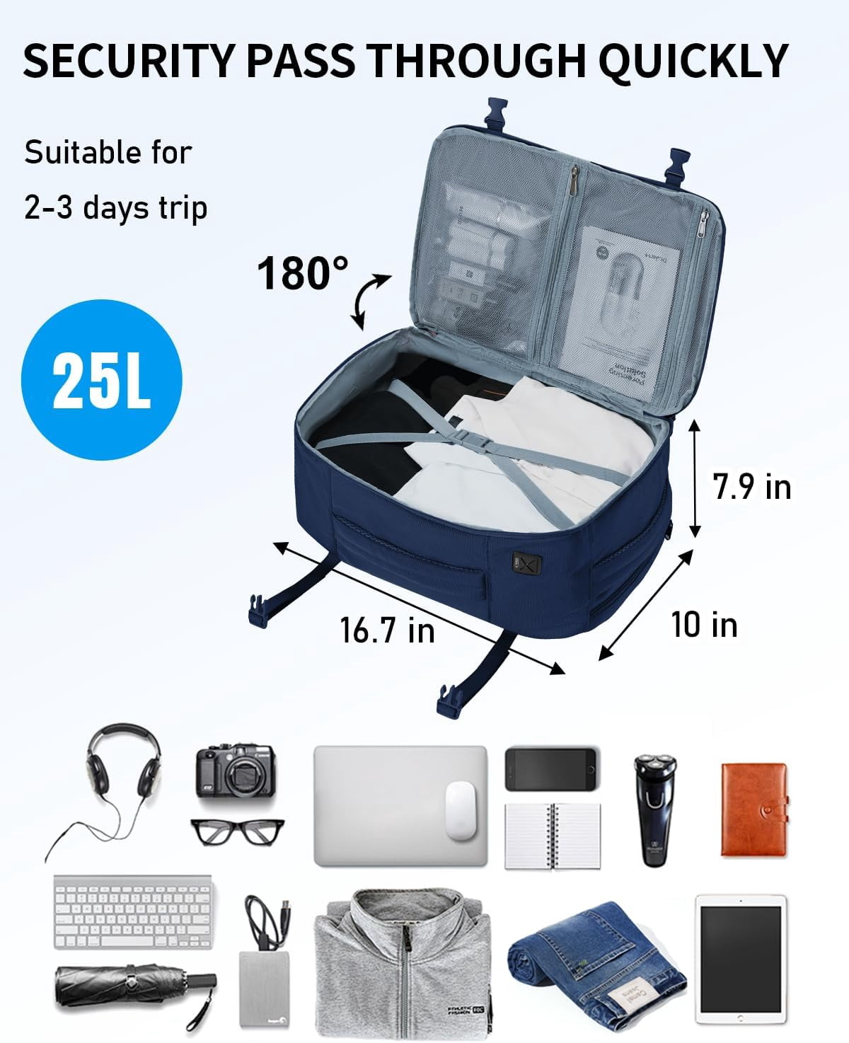 Travel Personal Item Backpack with Multiple Compartments Airline Approved Luggage Bag 25L Lightweight College Business Weekender Bag for Men & Women