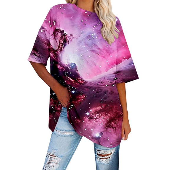 Summer T Shirts For Women Starry Sky Print Casual Loose Fit Short Sleeve Tee Shirts for Beach Party