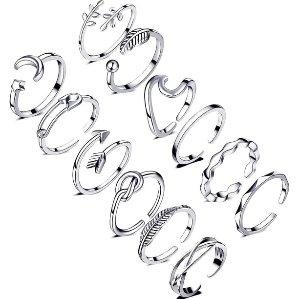 Baicccf 12 anillos ajustables para nudillos para mujer, paquete de anillos apilables de oro simple de 14 quilates, anillo de pulgar delicado con forma de estrella y luna con nudo abierto, li