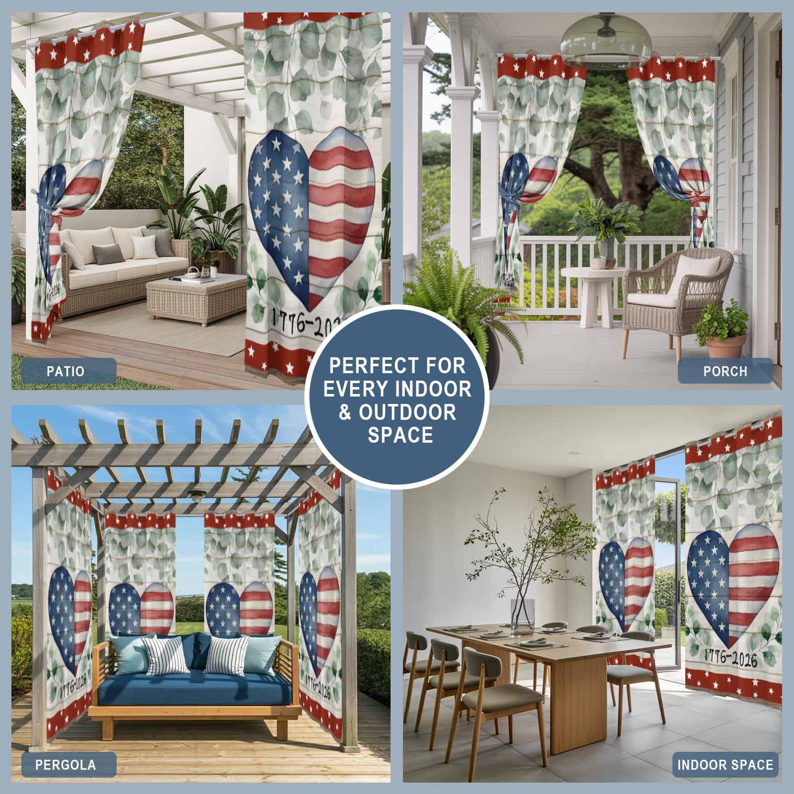 Independence Day Love Heart Outdoor Curtains for Patio, Red Blue Star Stripe Eucalyptus Leaves Sunshade Privacy Drapes Grommet Waterproof Outside Curtains for Porch/Cabana/Balcony 54"x 108", 1 Panel