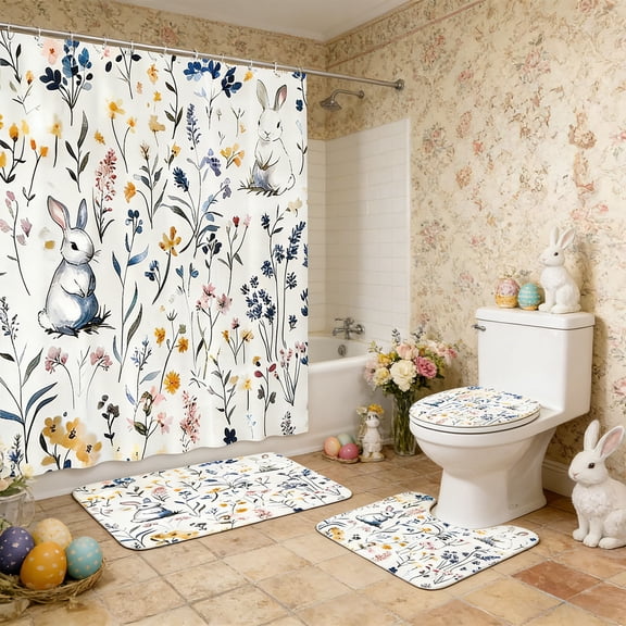 CaiYueKe Easter Bunny Floral Shower Curtain Set Bathroom Decor Holiday Waterproof Polyester Bath Mat Toilet Lid Cover Rugs Non-Slip Home Decorations