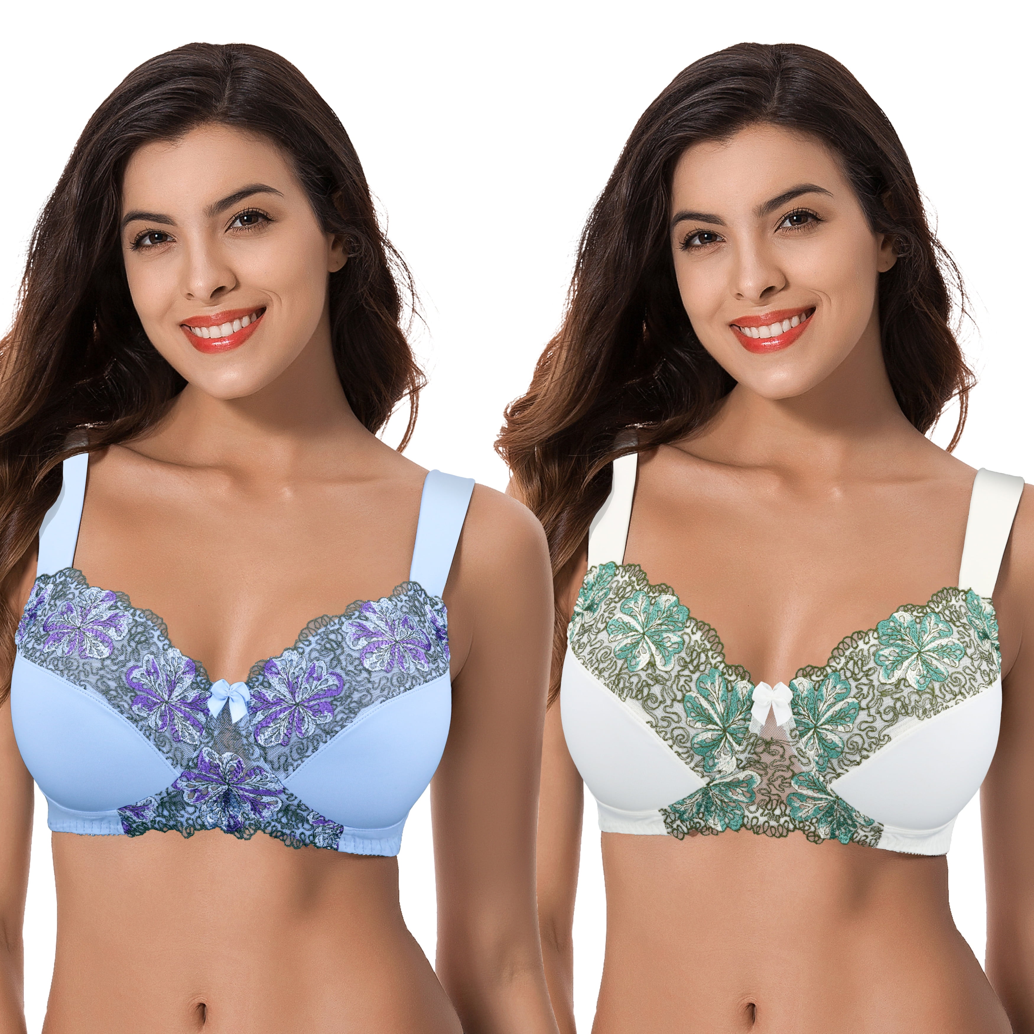Curve Muse Women's Plus Size Minimizer Wireless Unlined Bra with Embroidery  Lace-2Pack-BUTTERMILK,SERENITY-48C 