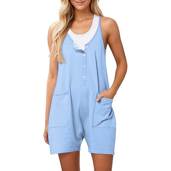 CQONEPT Summer Jumpsuits for Womens Casual Loose Fit Sleeveless Shorts Leisure Trendy Rompers with Pockets Light Blue 2XL