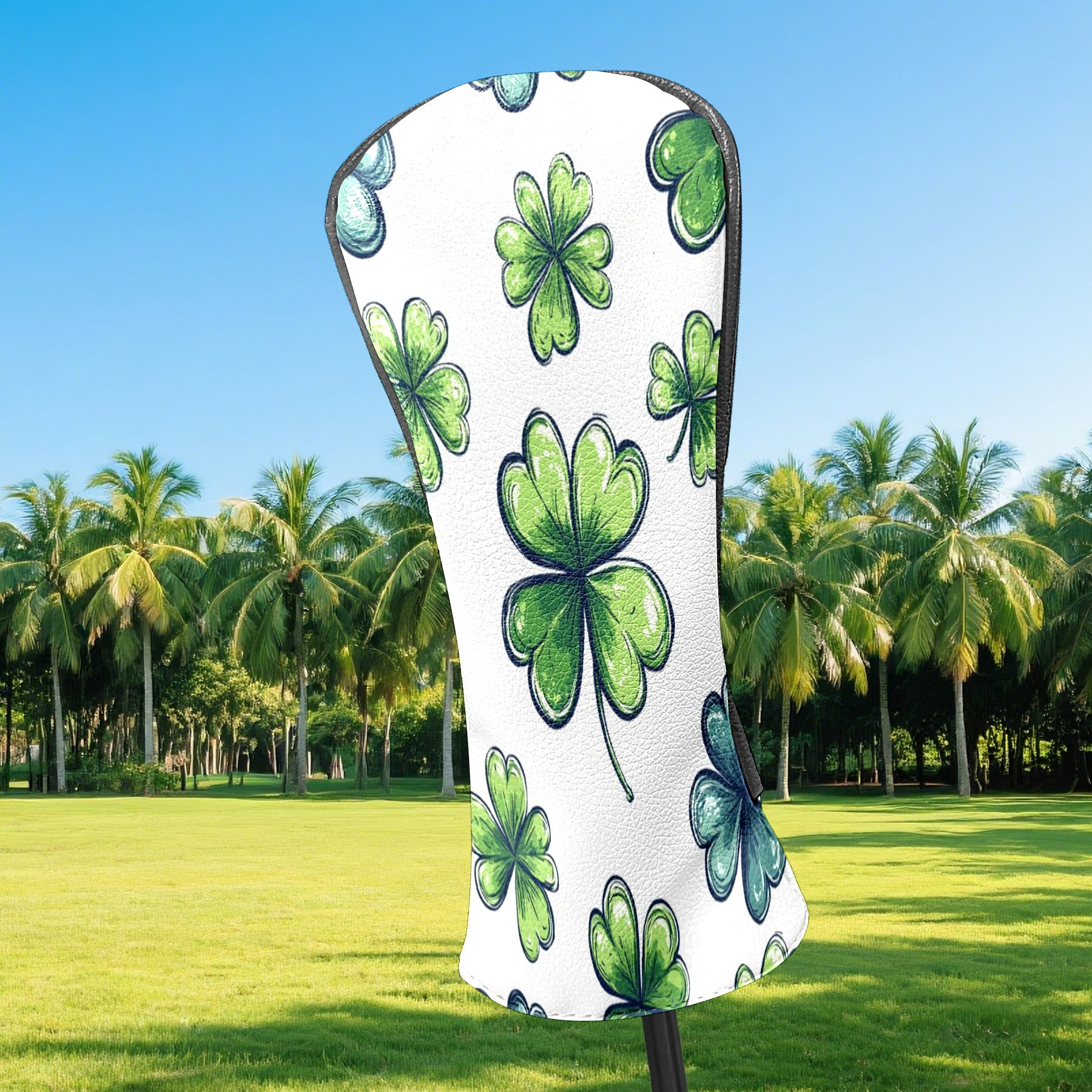 Golf Club Covers PU Leather Waterproof Head Covers for Fairway Woods Hybrids Four-leaf Clover Pattern Unisex Fits Most Brands