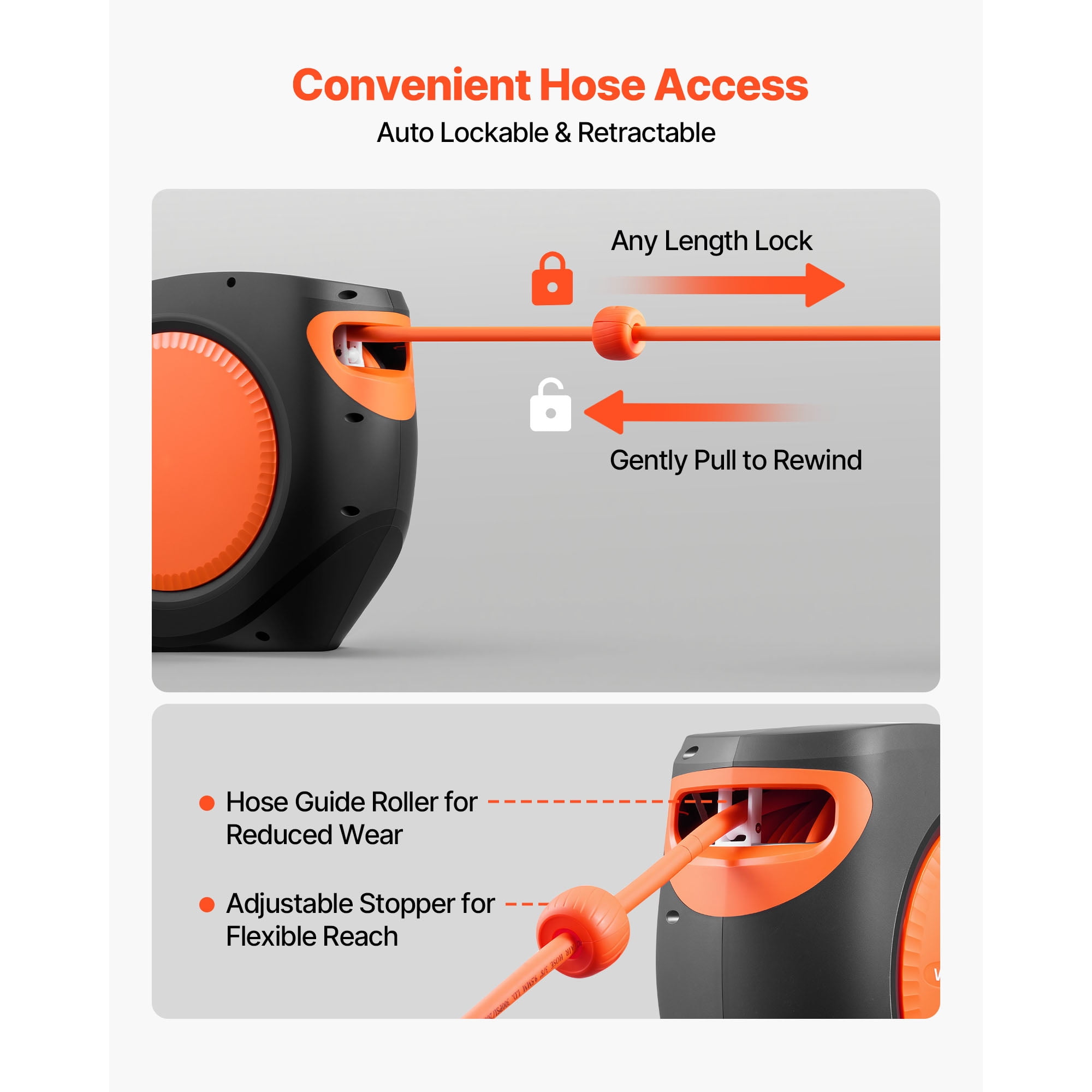 KFFKFF Retractable Air Hose Reel, 3/8 Inch x 80 FT Hybrid Hose, 300 PSI Capacity, Auto Rewind with 6.6 ft Lead-In, 180° Swivel Mount for Wall or Ceiling in Workshops