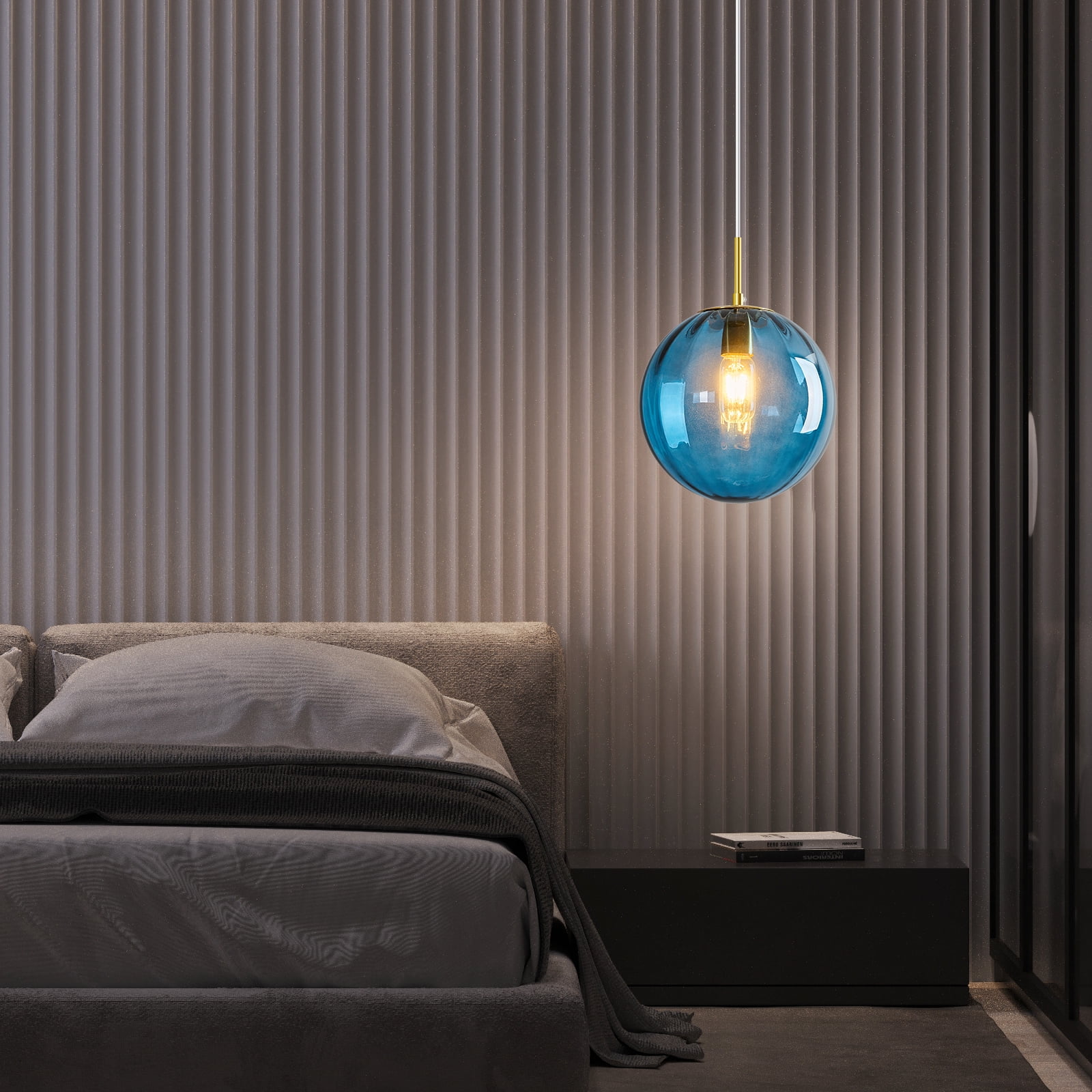 Gold Globe Pendant Lights Blue Glass Pendant Light Fixtures for Bedroom Dining Room Kitchen Island（9.84in，1-Pack）