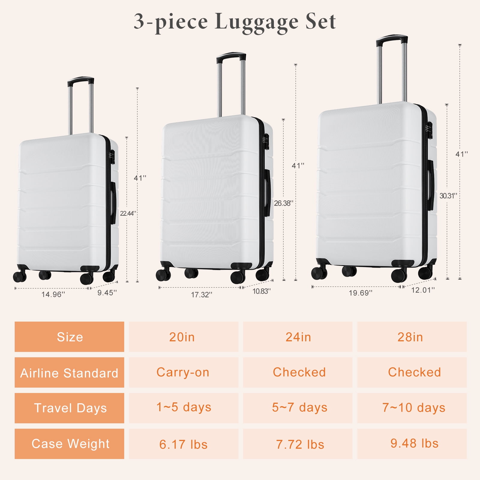 CONCETTA 20 Inch Carry on Luggage with Spinner Wheels, Hard Shell ABS Suitcase Lightweight Expandable Rolling Luggage, White