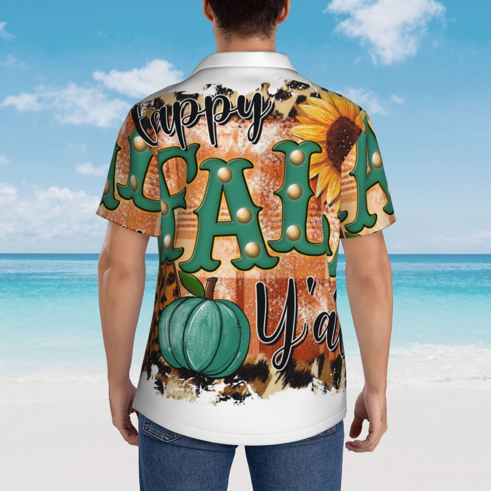 Rateoe Happy Fall Y'All Pattern Men’s Hawaiian Shirt – Short Sleeve Button-Down Tropical Beach Shirt, Lightweight & Breathable Casual Aloha Shirt with Pocket,XX-Large
