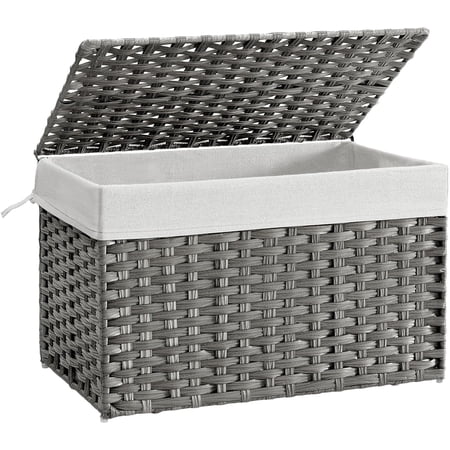 Storage Basket with Lid, 27.7 Gallon Storage Bin, Woven Blanket Storage Basket with Handles Removable Liner for Bedroom, Laundry Room, Gray