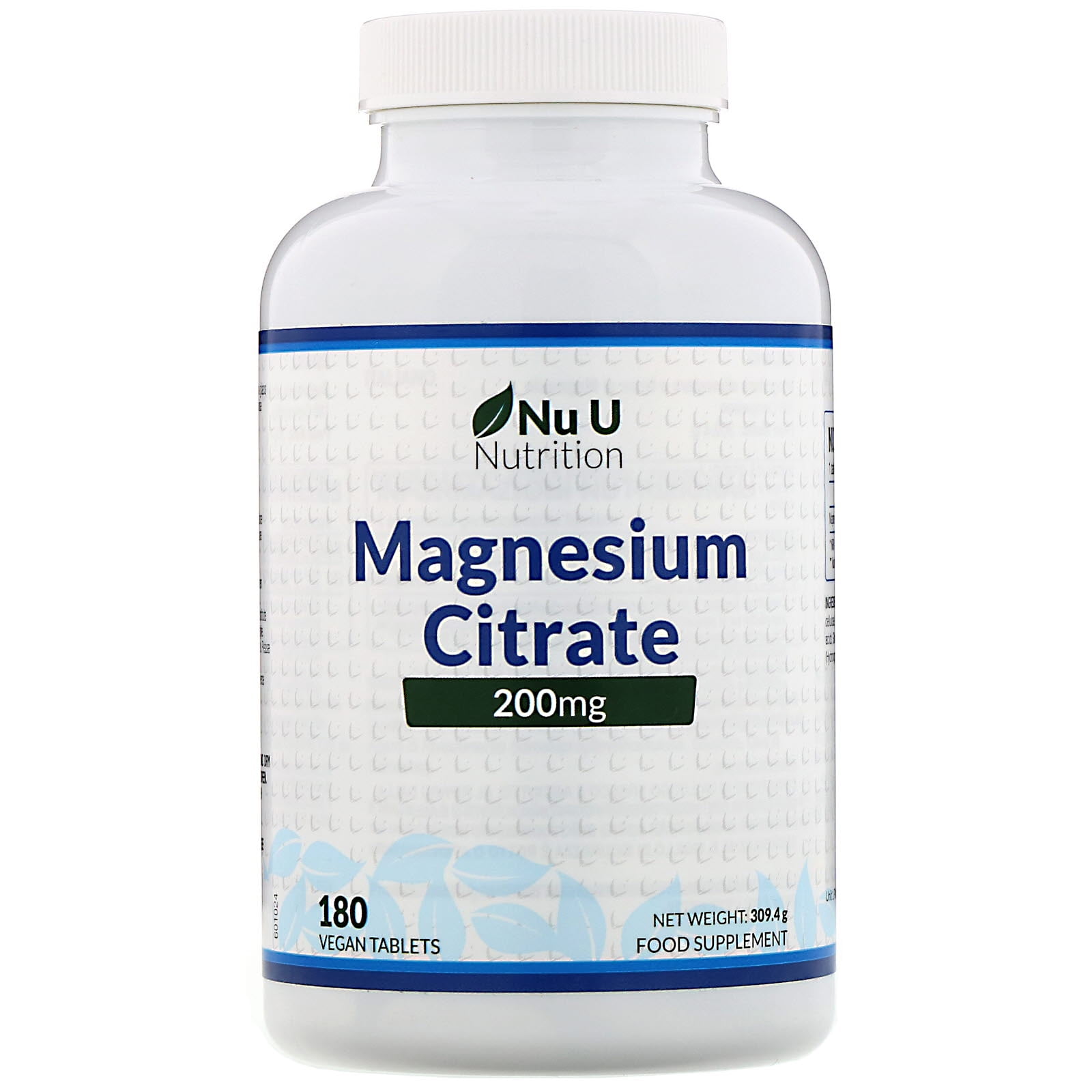 Nu U Nutrition Magnesium Citrate, 200 mg, 180 Vegan Tablets Walmart