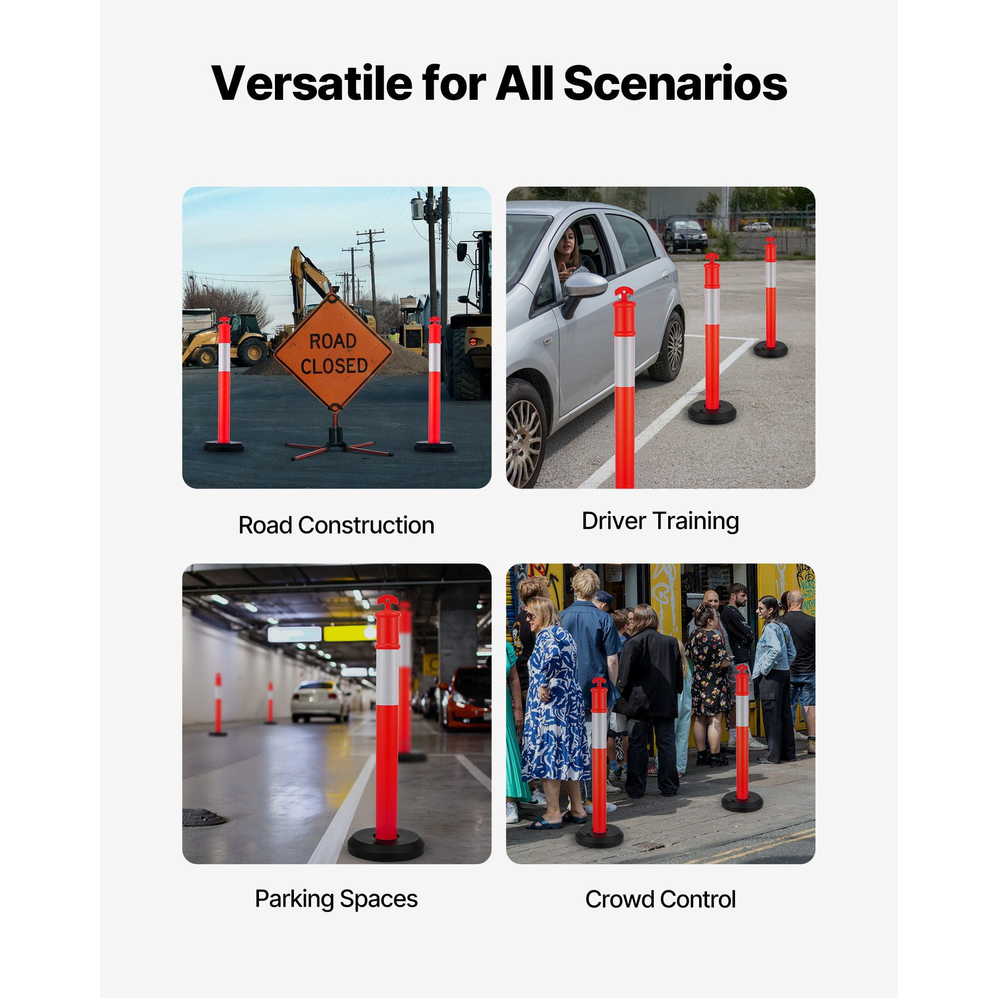 Traffic Delineator Posts 2-Pack 48" with Reflective Strips, Fillable Base, for Construction Site Parking Lot Crowd Control