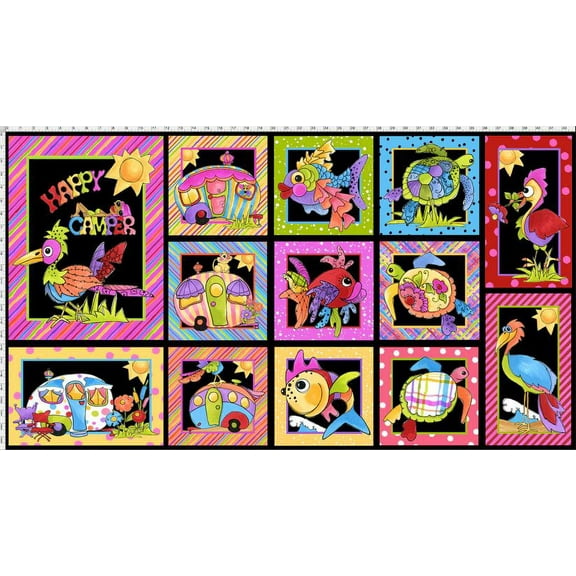 23" X 44" Panel Happy Camper Project Panel Black Campers Camping Vacation Ocean Beach Cotton Fabric Panel (692-272)