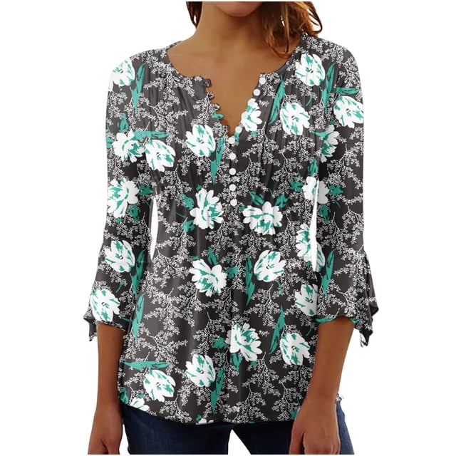Blusa de verano para mujer con estampado de pliegues sexy y mangas 3/4 con cuello en V y botones OAVQHLG3B Store lin121212