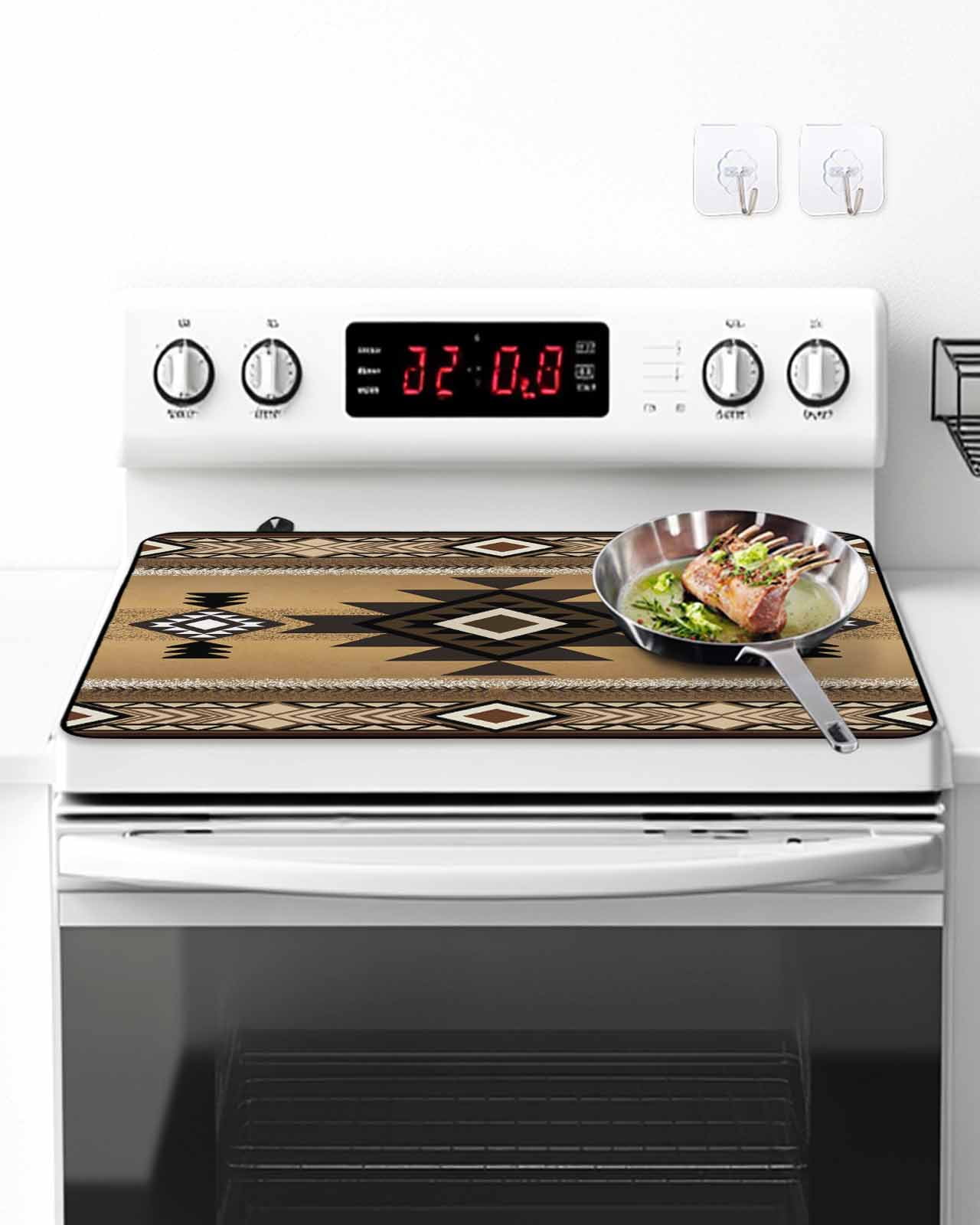 Stove Top Covers for Electric Stove, Brown Southwest Kitchen Glass Ceramic Electric Cooktop Covers 24"x21", Boho Aztec Ethnic Abstract Geometric HeatResistant Oven/Countertop/Dishwasher Protector