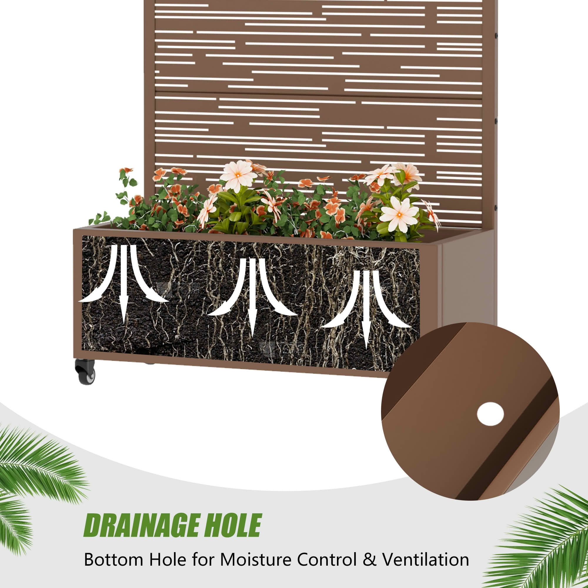 MAYEERTY 72X35" Metal Outdoor Brown Privacy Screen with Planter Box for Backyard & Garden, 5 Piece Set
