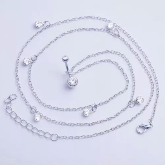 EOEMY Women Sexy Belly Waist Chain Dangle Jewelry Navel Ring Silverstone Body Chains-Silver