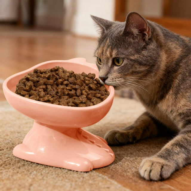 Plato De Comida Comedero y bebedero ergonómico de plástico para mascotas (350 ml), ideal para perros y gatos. Soporte cervical. Color rosa. 1 unidad. Rkxzt