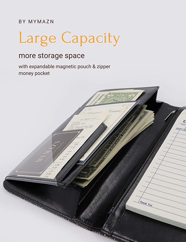 Magnetic Cl 5x9 Waitress Book with Money Pocket Server Book w/ Zipper Pocket 