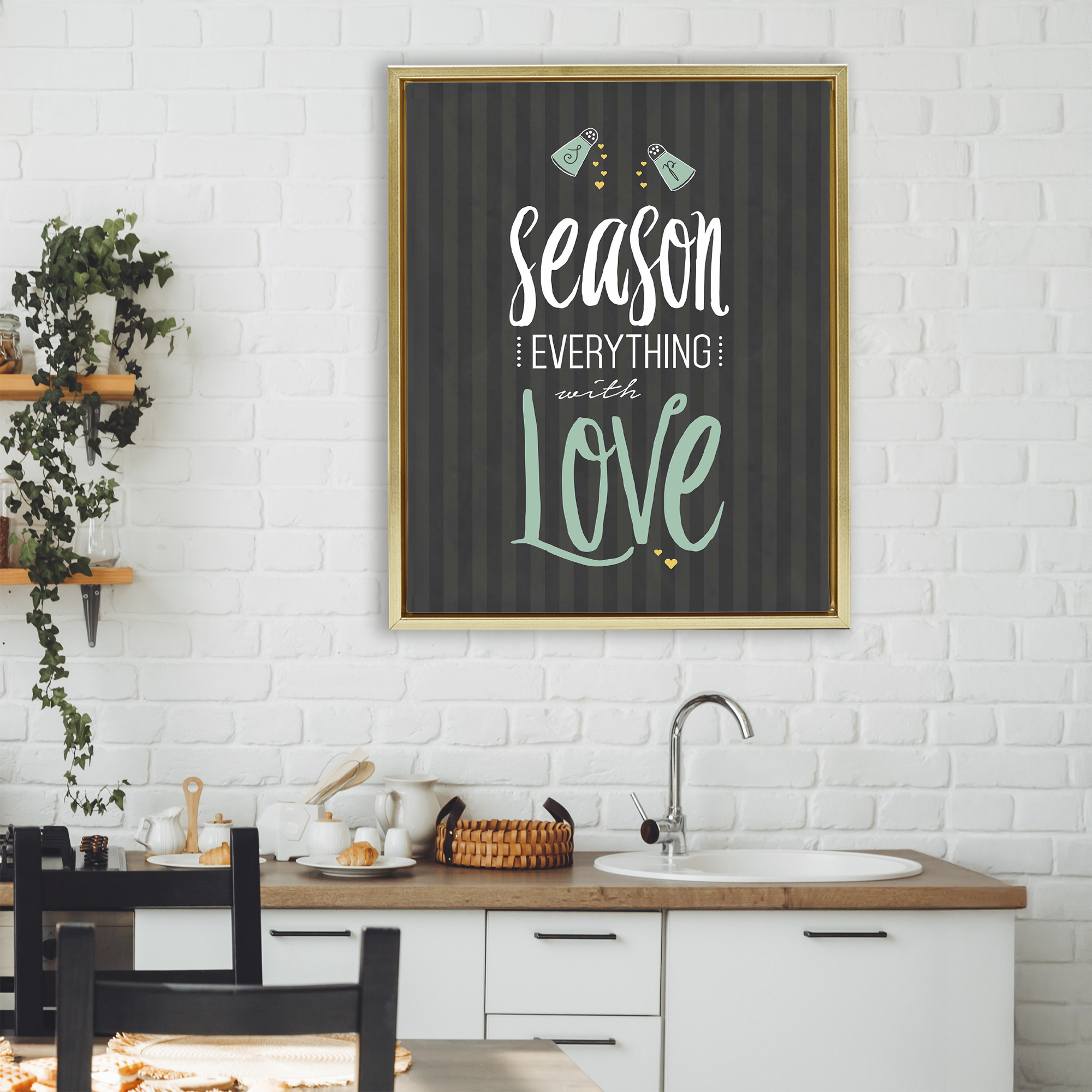 Season With Love Black & Green Gold Framed Floater Canvas Wall Art, design by Lettered and Lined