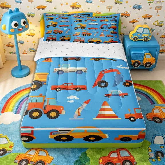 Castle Fairy Cartoon Construction Truck Zipper Twin Comforter Sets with Fitted Sheet and 2 Pillowcases,Cute Excavator Vehicle Zipper Bedding Set for Bedroom,Bright Blue,4-Piece,Reversible