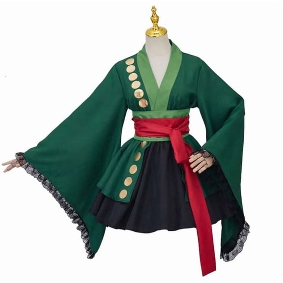 Womens Zoro Inspired Green Robe Style Outfit Set Anime Theme Top and Skirt